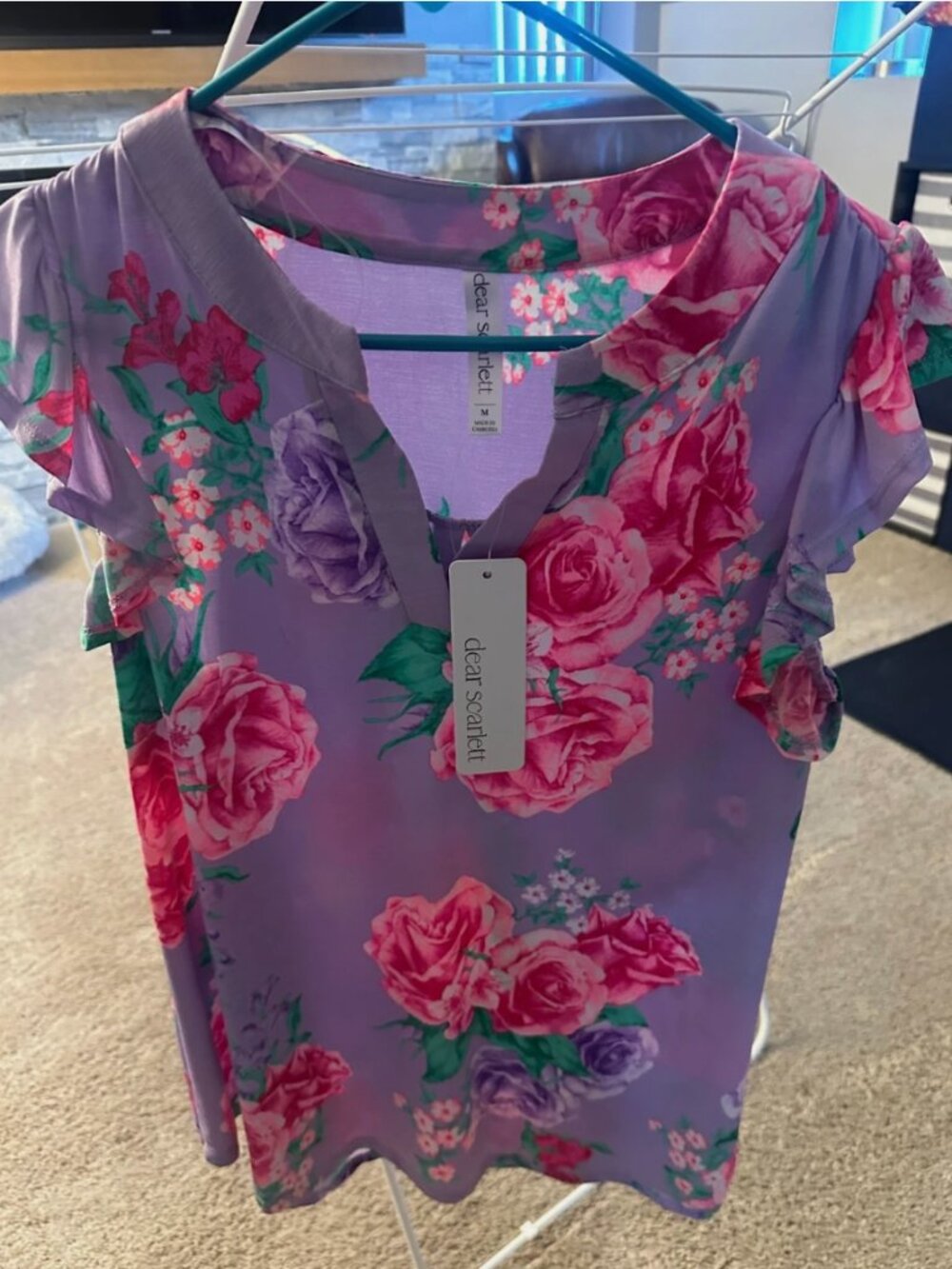 NWT Ladies Dear Scarlett Lizzy Sleeveless Ruffle Top- Lavender Floral- Medium
